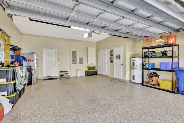 garage featuring electric panel, a garage door opener, and water heater