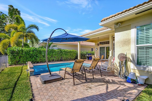 view of swimming pool with a patio area, a fenced backyard, and a fenced in pool