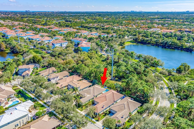 aerial view with a water view and a residential view