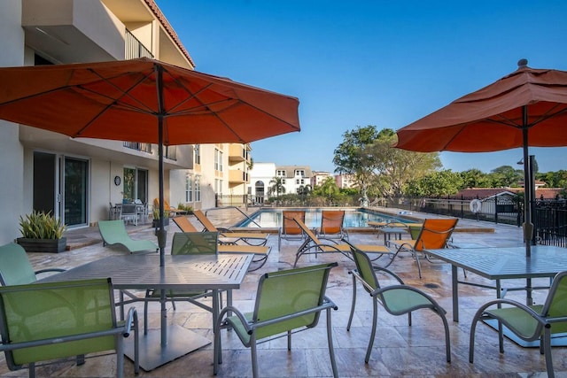 view of patio / terrace with fence and a fenced in pool