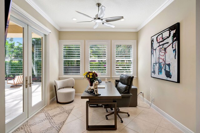 tiled entryway featuring french doors, visible vents, ornamental molding, baseboards, and stairs