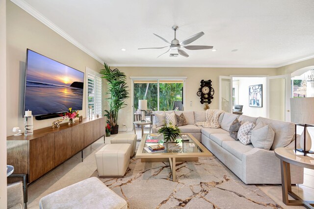 tiled office with a ceiling fan, french doors, crown molding, and baseboards