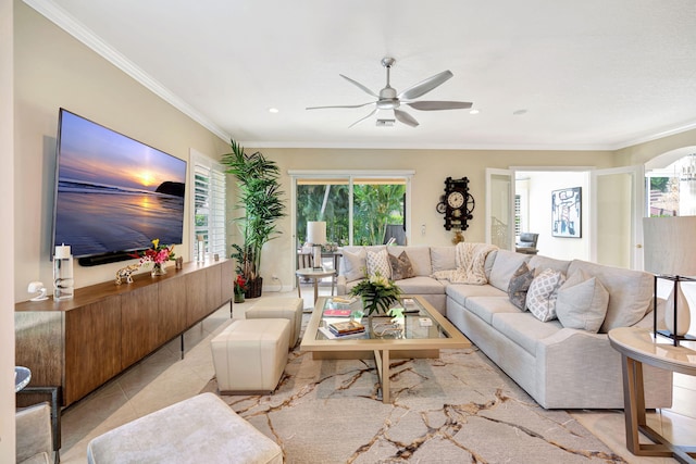 tiled living area featuring ceiling fan, recessed lighting, and crown molding