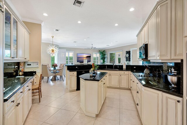 dining space with baseboards, crown molding, light tile patterned flooring, and a notable chandelier