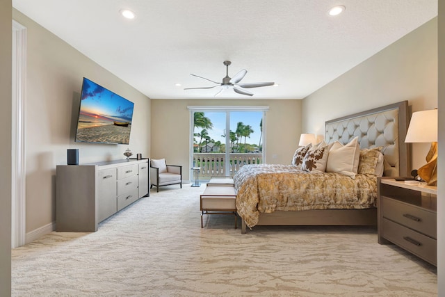 bedroom with light carpet, baseboards, a ceiling fan, access to outside, and recessed lighting