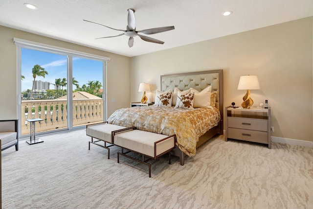 bedroom with ceiling fan, recessed lighting, baseboards, access to exterior, and carpet