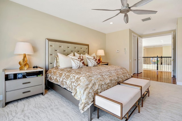 bedroom with light carpet, baseboards, visible vents, ceiling fan, and recessed lighting