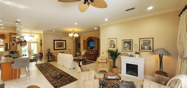 living area featuring ornamental molding, recessed lighting, a fireplace, and light tile patterned floors