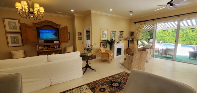 living area with light tile patterned floors, recessed lighting, a fireplace, visible vents, and crown molding