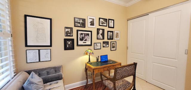 home office featuring ornamental molding, baseboards, and light tile patterned floors