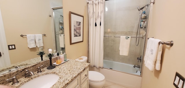 bathroom with toilet, tile patterned flooring, shower / bath combo with shower curtain, and vanity