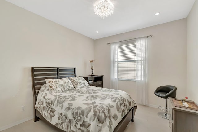 bedroom featuring baseboards, a chandelier, and recessed lighting