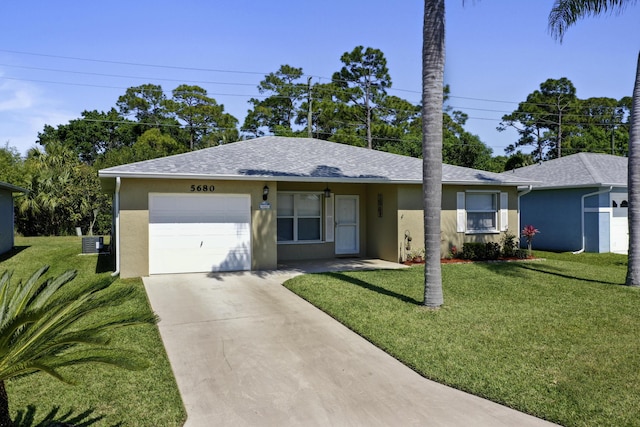 single story home with stucco siding, roof with shingles, concrete driveway, a front yard, and a garage