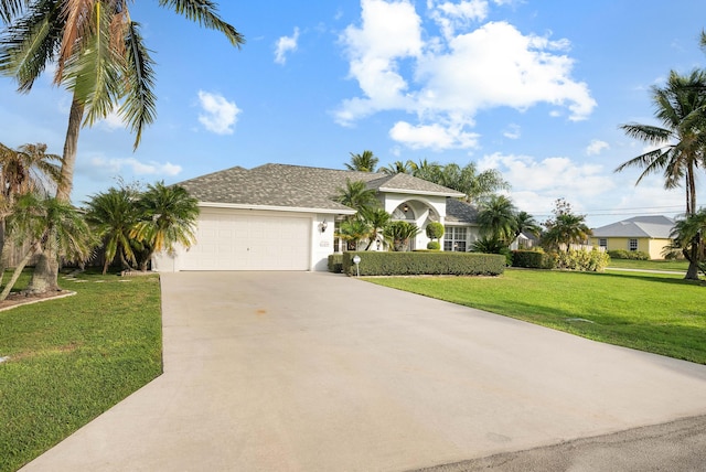 view of front of house with a garage, a front yard, concrete driveway, and stucco siding