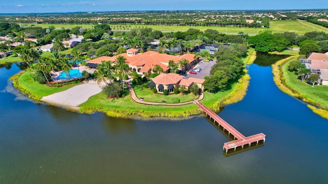 aerial view featuring a water view and a residential view