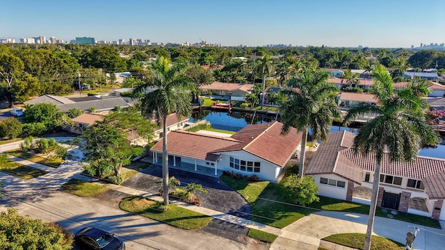 aerial view featuring a water view