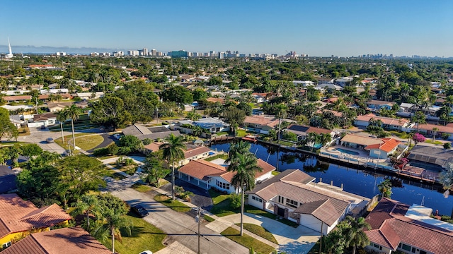 aerial view featuring a water view and a view of city