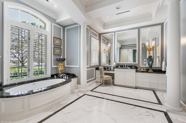 bathroom featuring crown molding, marble finish floor, decorative columns, and vanity