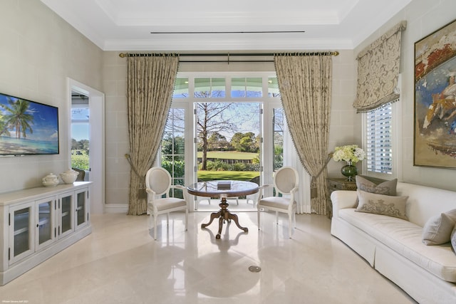 living area with ornamental molding, a raised ceiling, and tile walls