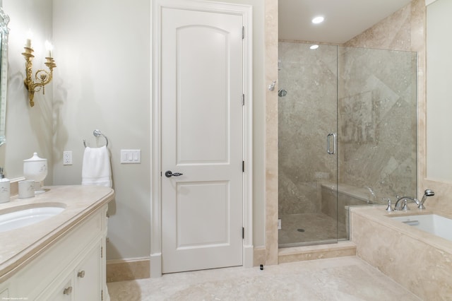 full bath featuring recessed lighting, a stall shower, vanity, a bath, and tile patterned floors