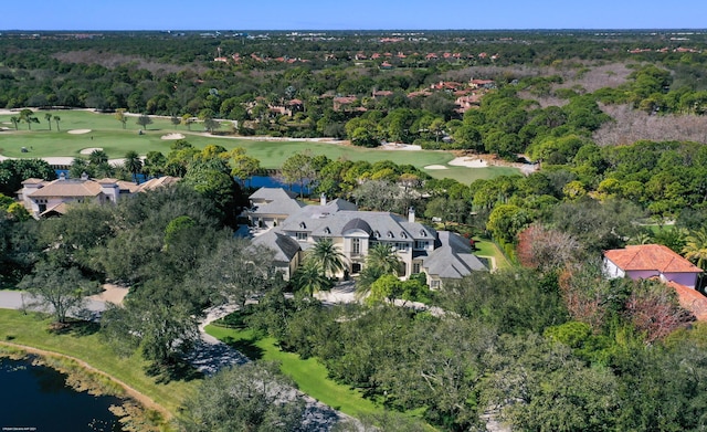 bird's eye view with a water view and golf course view