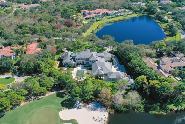 aerial view featuring a residential view, a water view, and golf course view