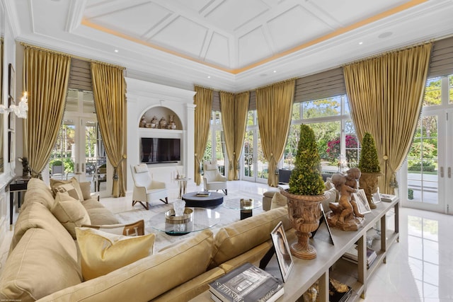 sitting room featuring built in shelves, light tile patterned flooring, coffered ceiling, french doors, and crown molding