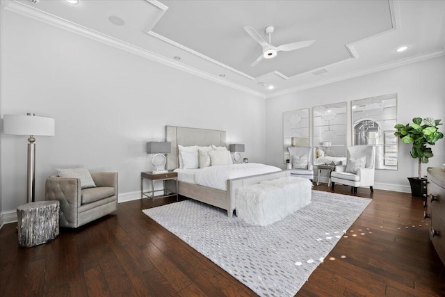 bedroom featuring crown molding, baseboards, and dark wood-style flooring