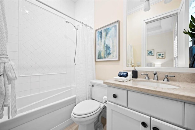 bathroom featuring shower / bathtub combination with curtain, vanity, toilet, and crown molding