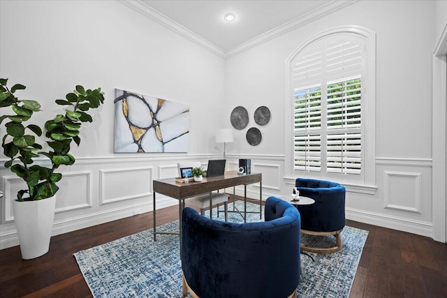 office space with a wainscoted wall, ornamental molding, dark wood-style flooring, and a decorative wall