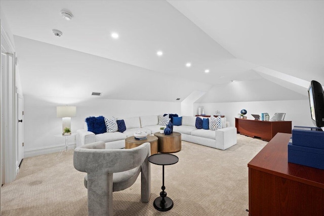 living area with lofted ceiling, recessed lighting, light colored carpet, visible vents, and baseboards