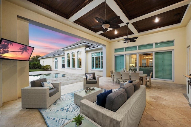 view of patio featuring outdoor dining space, a ceiling fan, an outdoor pool, and outdoor lounge area