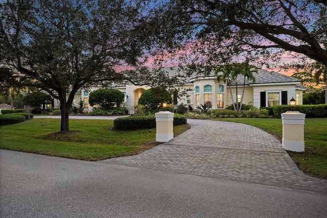 view of front of home with stucco siding, decorative driveway, and a front lawn