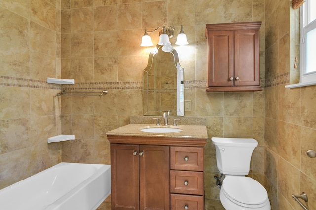 full bath with toilet, tile walls, a bath, and vanity