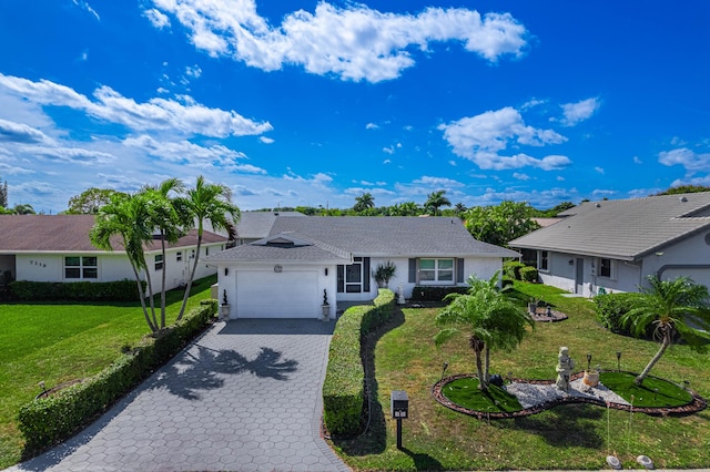 ranch-style house featuring a garage, decorative driveway, and a front lawn