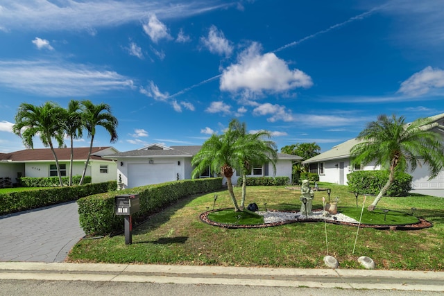 ranch-style home featuring a front lawn, decorative driveway, and an attached garage