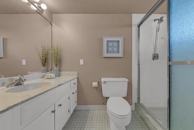 bathroom with vanity, a stall shower, tile patterned flooring, and toilet