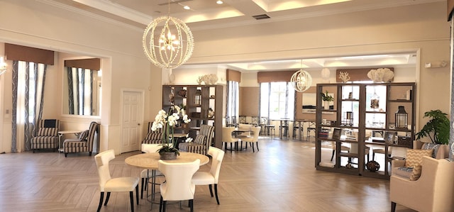 dining space featuring crown molding, a chandelier, and recessed lighting