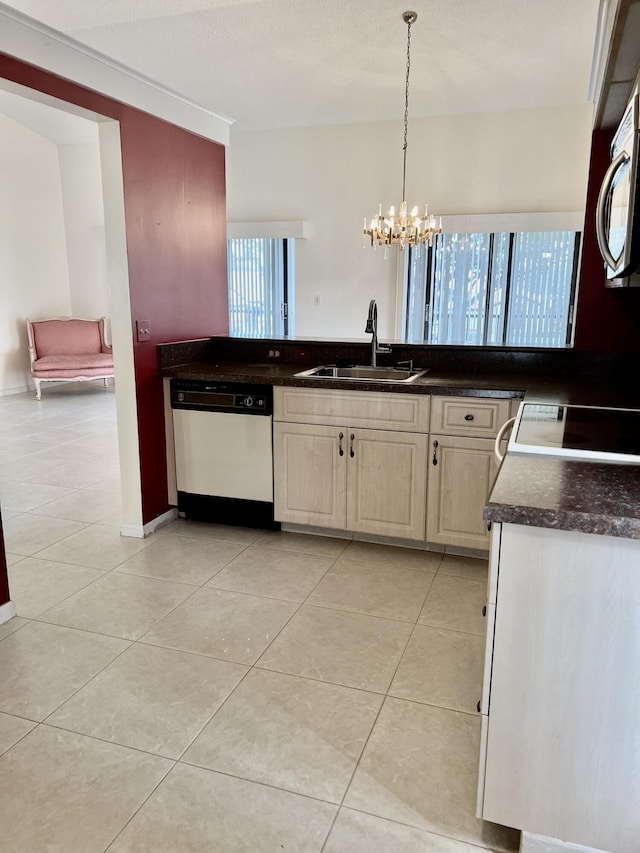 10694 Ocean Palm Way Unit 202, Boynton Beach, FL 33437 - kitchen with a sink, dishwasher, a chandelier, light tile patterned floors, and electric range oven