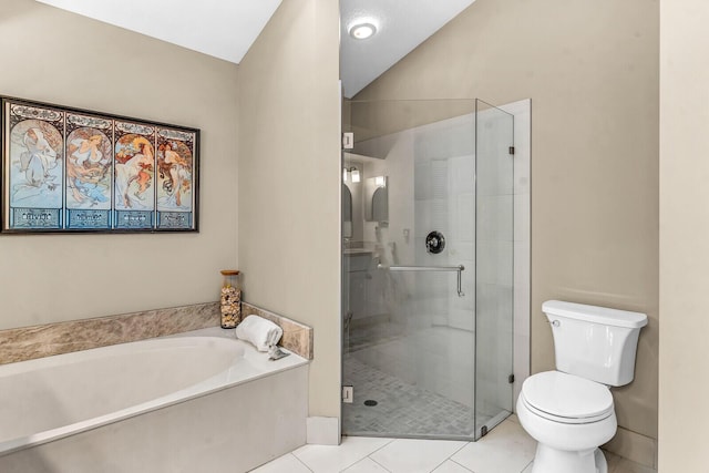 full bathroom with a bath, a stall shower, toilet, and tile patterned floors