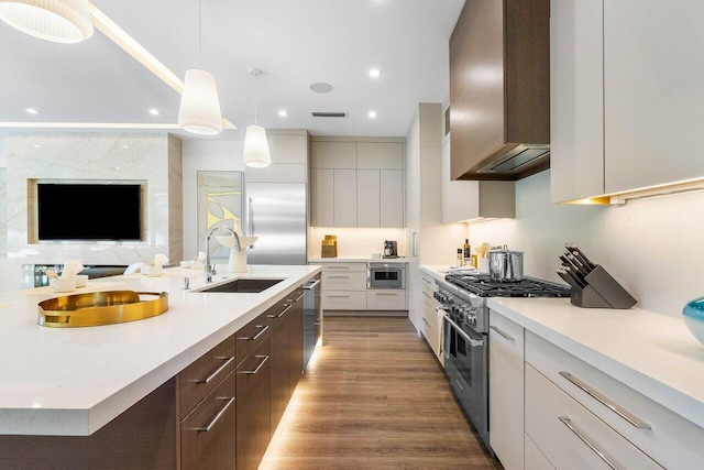 kitchen with high end appliances, custom range hood, a sink, and modern cabinets