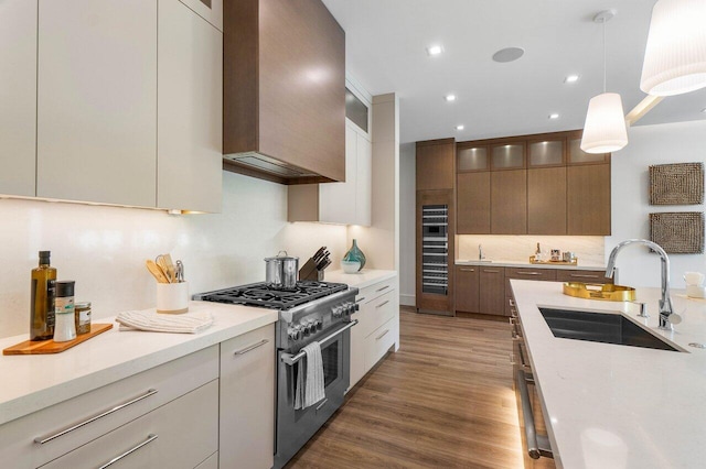 kitchen with wall chimney exhaust hood, modern cabinets, wood finished floors, high end stove, and a sink