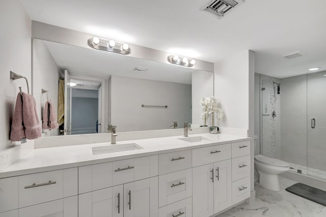 full bathroom with double vanity, marble finish floor, visible vents, and a sink