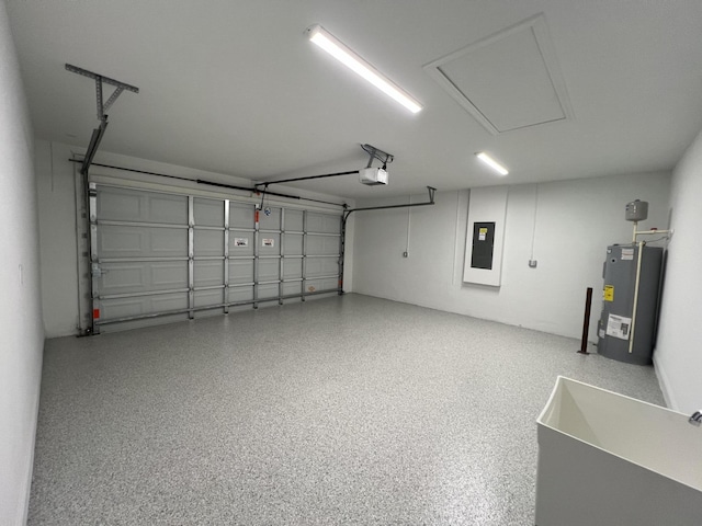 garage with electric panel, water heater, and a garage door opener