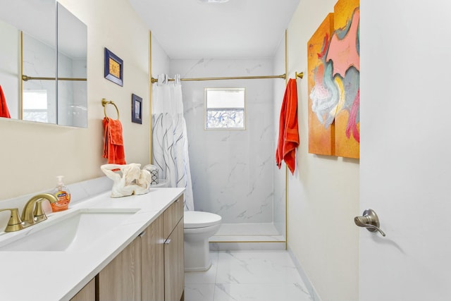 full bath featuring toilet, marble finish floor, a marble finish shower, and vanity