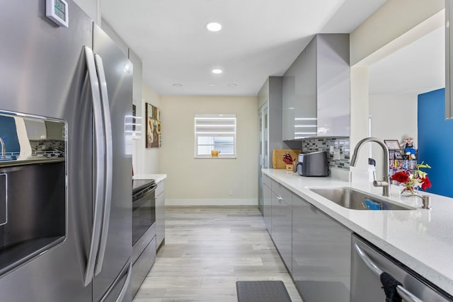 kitchen featuring modern cabinets, a sink, gray cabinets, stainless steel appliances, and backsplash