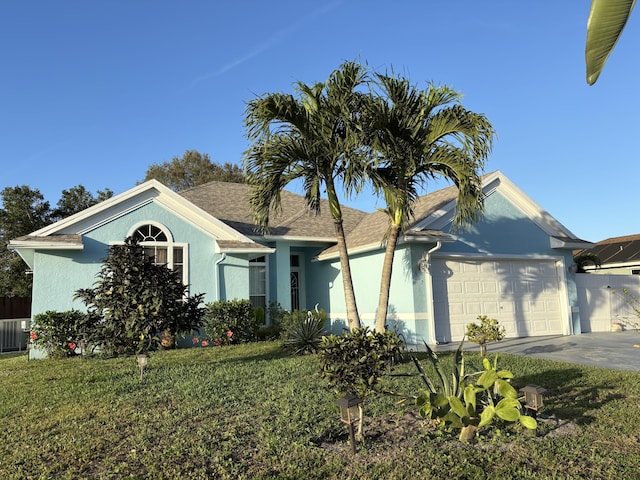 single story home with driveway, a front lawn, an attached garage, and stucco siding