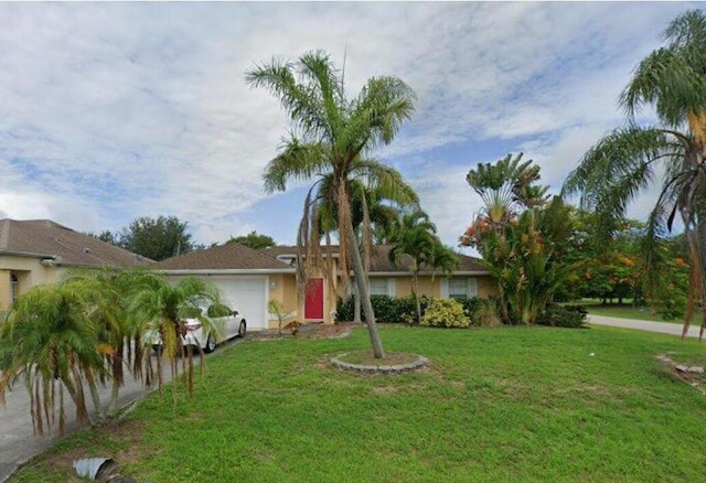 ranch-style house with an attached garage and a front lawn