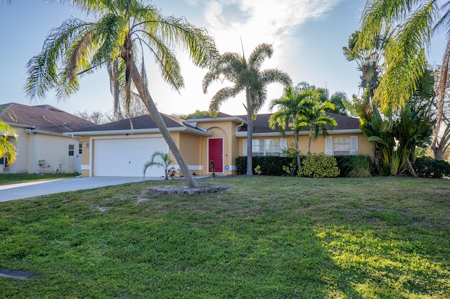 single story home featuring a front yard, an attached garage, and stucco siding