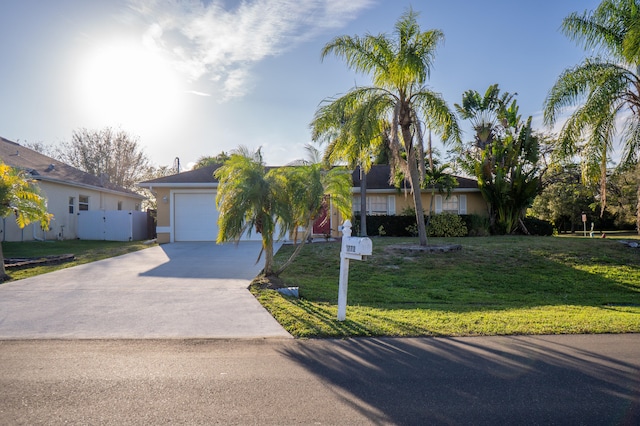 view of front of home featuring a garage, driveway, a front yard, and stucco siding